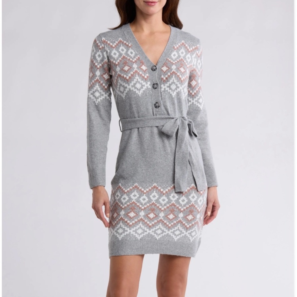 Lucky Brand Sweater Dress Womens XL Gray Fair Isle Knit Cozy Nordic Hygge